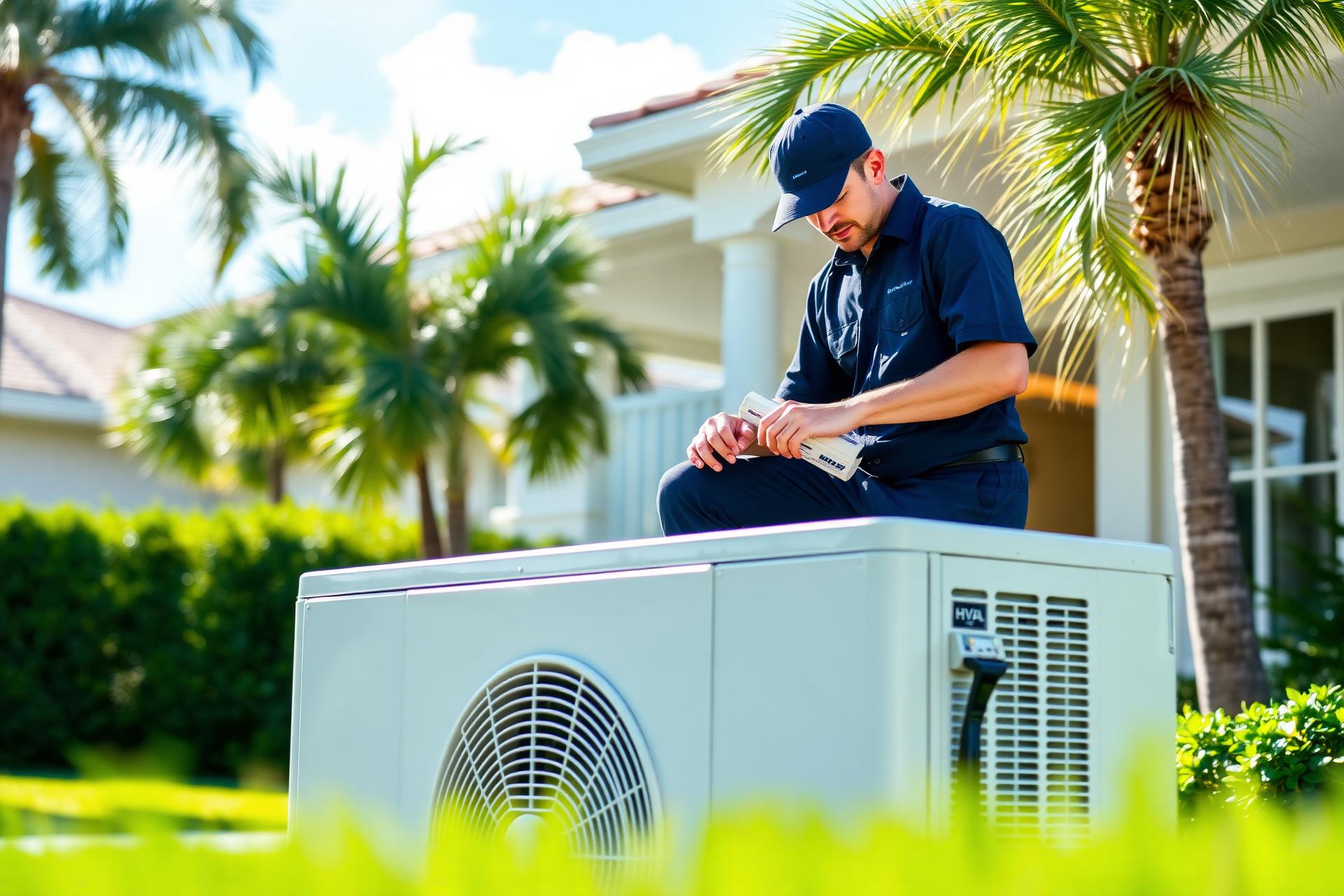 HVAC technician servicing an air conditioner at a Tampa, FL home